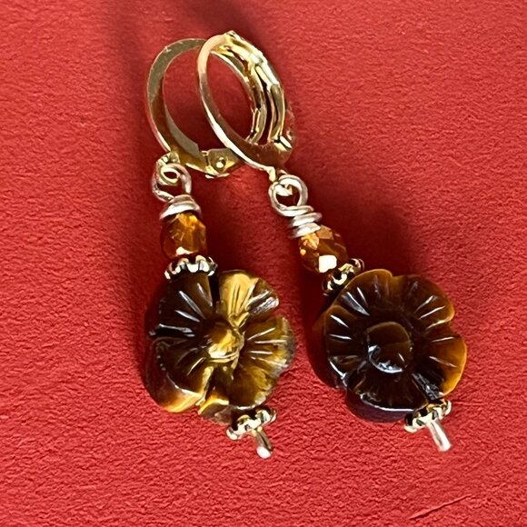 Tiger’s Eye Earrings, Golden Brown Gemstone, Carved Gemstone Flower - Picture 6 of 6